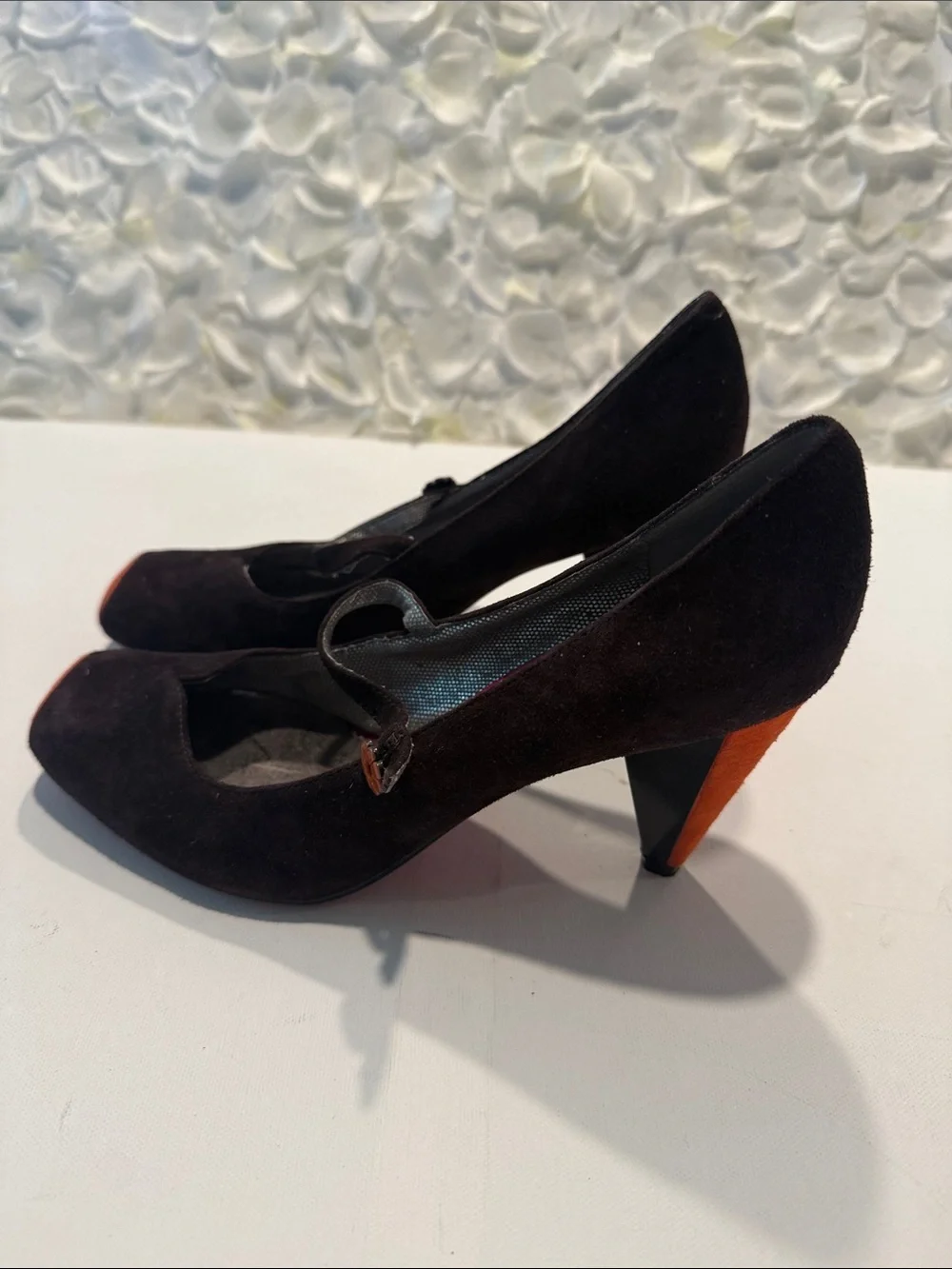 Poetic License Black Suede Mary Jane Heels with Orange Toe Caps
